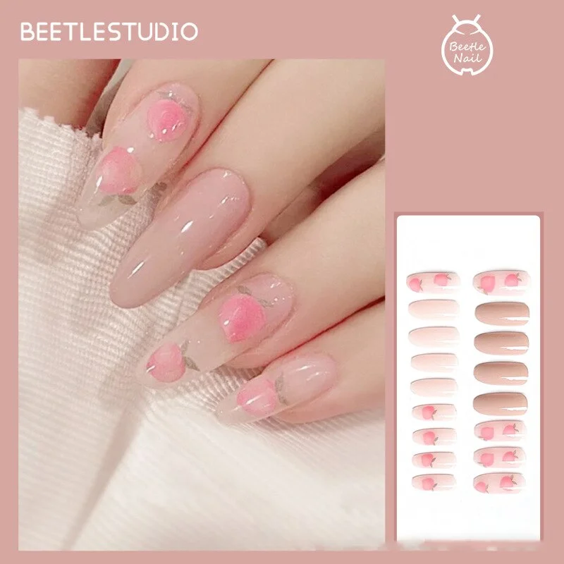 24pcs Peach Milks Tea Color Wear Long Paragraph Fashion Manicure Patch False Nails Save Time Wearable Nail Patch SANA889-Nail Inspo