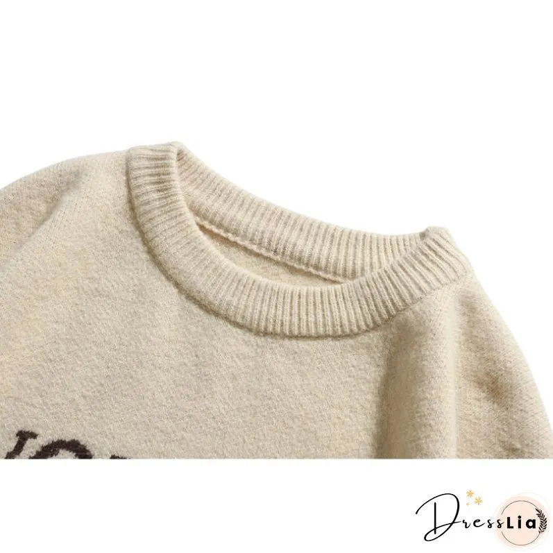 Solid Color Letter Jacquard Knit Sweater