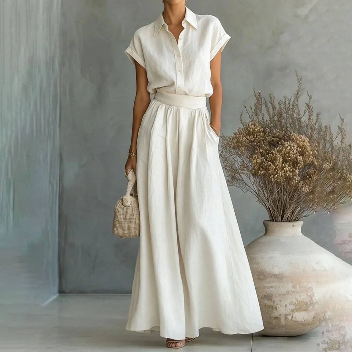 Fashion Casual Solid Color Shirt Wide-leg Pants Two-piece Set elevenforest
