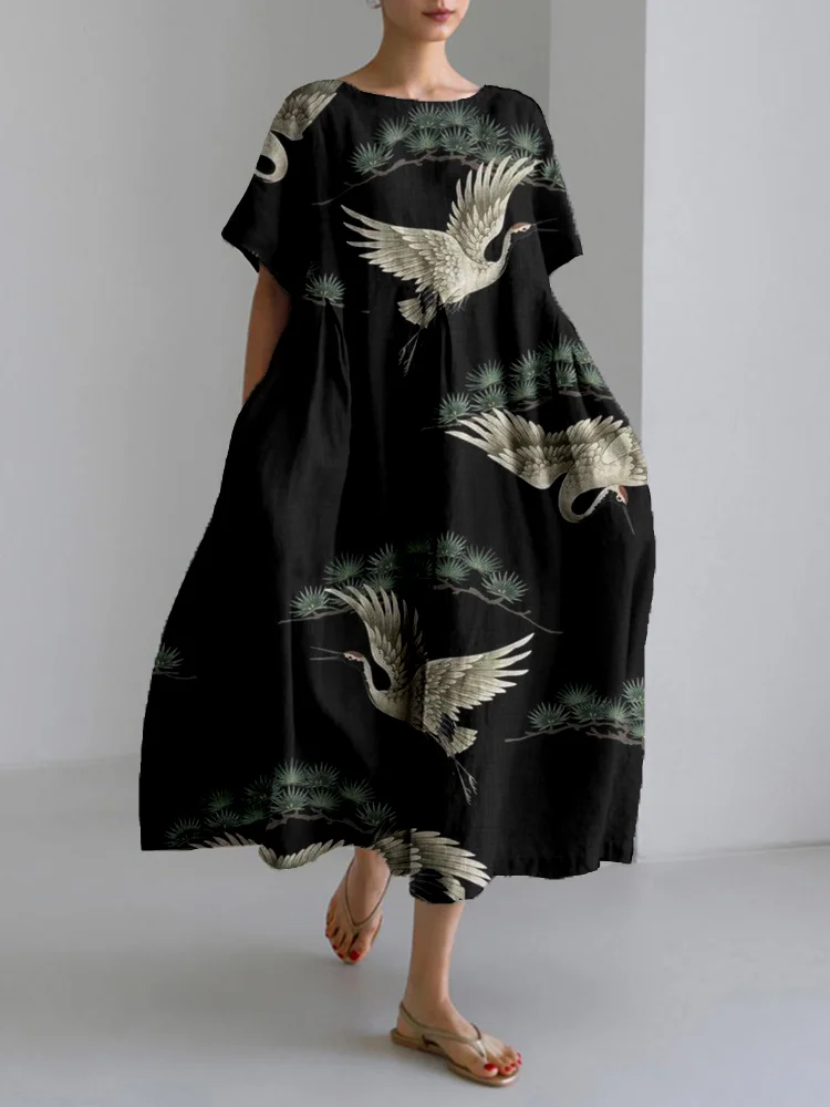 VChics Japanese Cranes & Pine Art Linen Blend Midi Dress