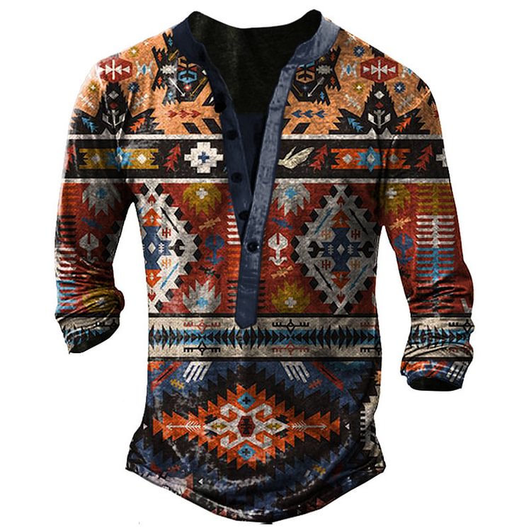 Men's Ethnic Print Long Sleeve Henley Collar T-Shirt