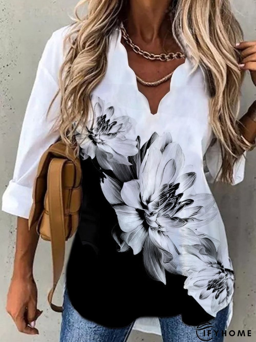 Casual Loosen V Neck Floral Long Sleeve Tunic Top | IFYHOME