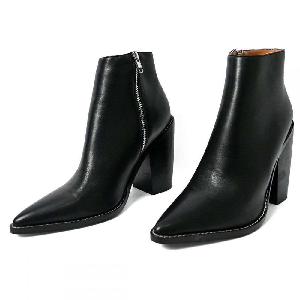 Classic Black Pointed Toe Chunky Heel Zip Ankle Boots for Women Nicepairs