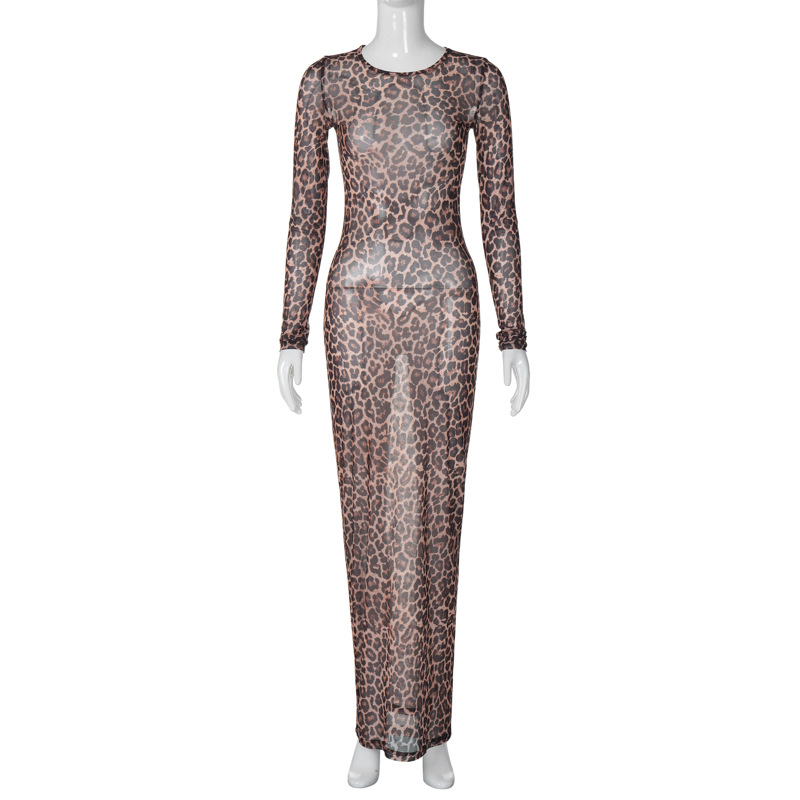 Gamezplane 2025 Summer Leopard Print Mesh Dress Streetwear Fashion Sexy O-neck Long Sleeve See-through Slim Holiday Party Dresses