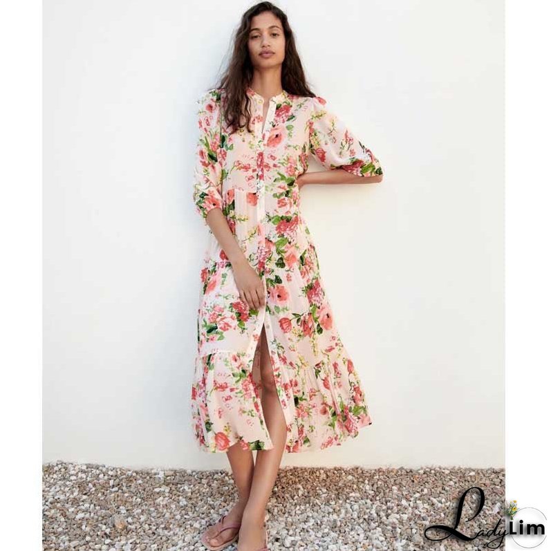 Single-Breasted Dress with Long Sleeves and Floral Print for Women