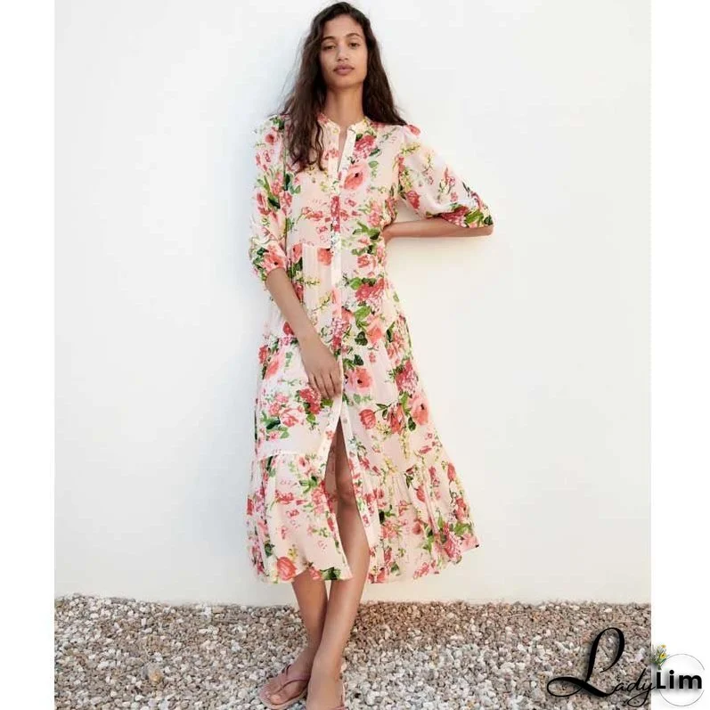 Single-Breasted Dress with Long Sleeves and Floral Print for Women