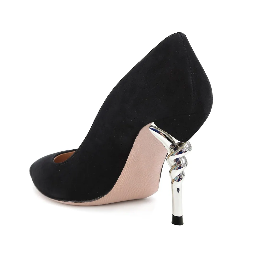 YDN Classic Vegan Suede Decorative Heel Black Pumps for Women