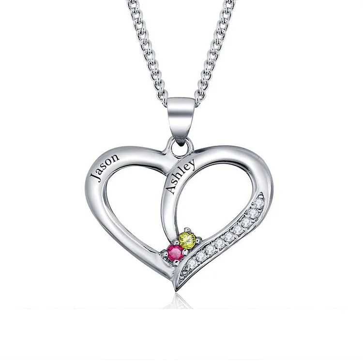 Personalized Heart Pendant Mother Necklace with 2 Birthstones Engraved 2 Names