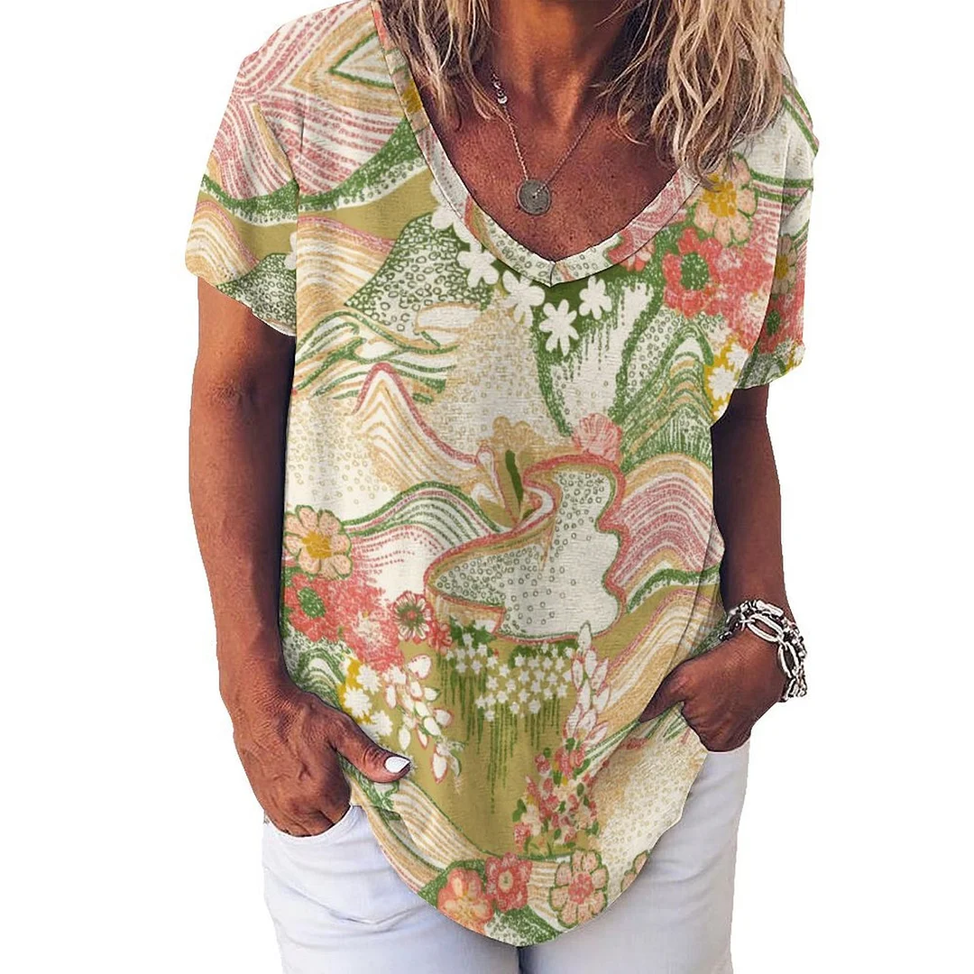 V-neck Short Sleeve Casual T-shirt for  Women Printed with Pattern Pink, Floral, Colorful