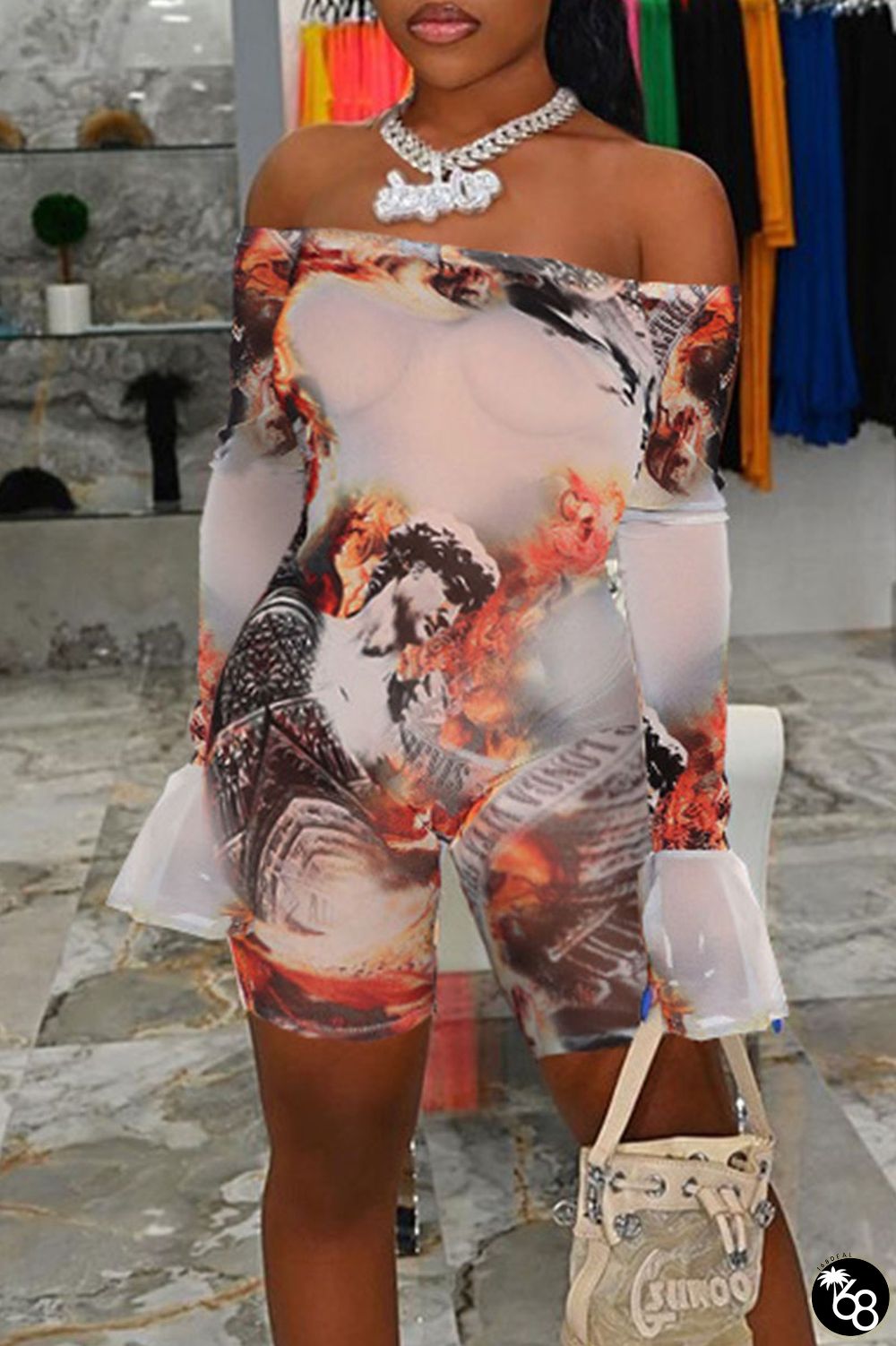 Red Sexy Print Patchwork Off the Shoulder Skinny Rompers | 168DEAL