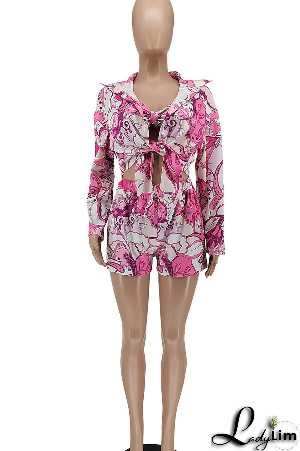 Green Fashion Sexy Print Patchwork Turndown Collar Long Sleeve Three Pieces