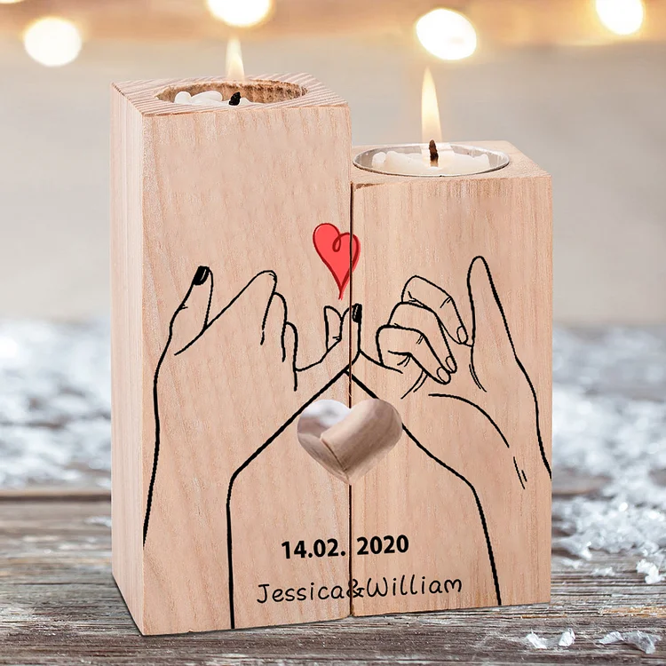Candelero de madera mano a mano 2 nombres personalizados con fecha sin vela