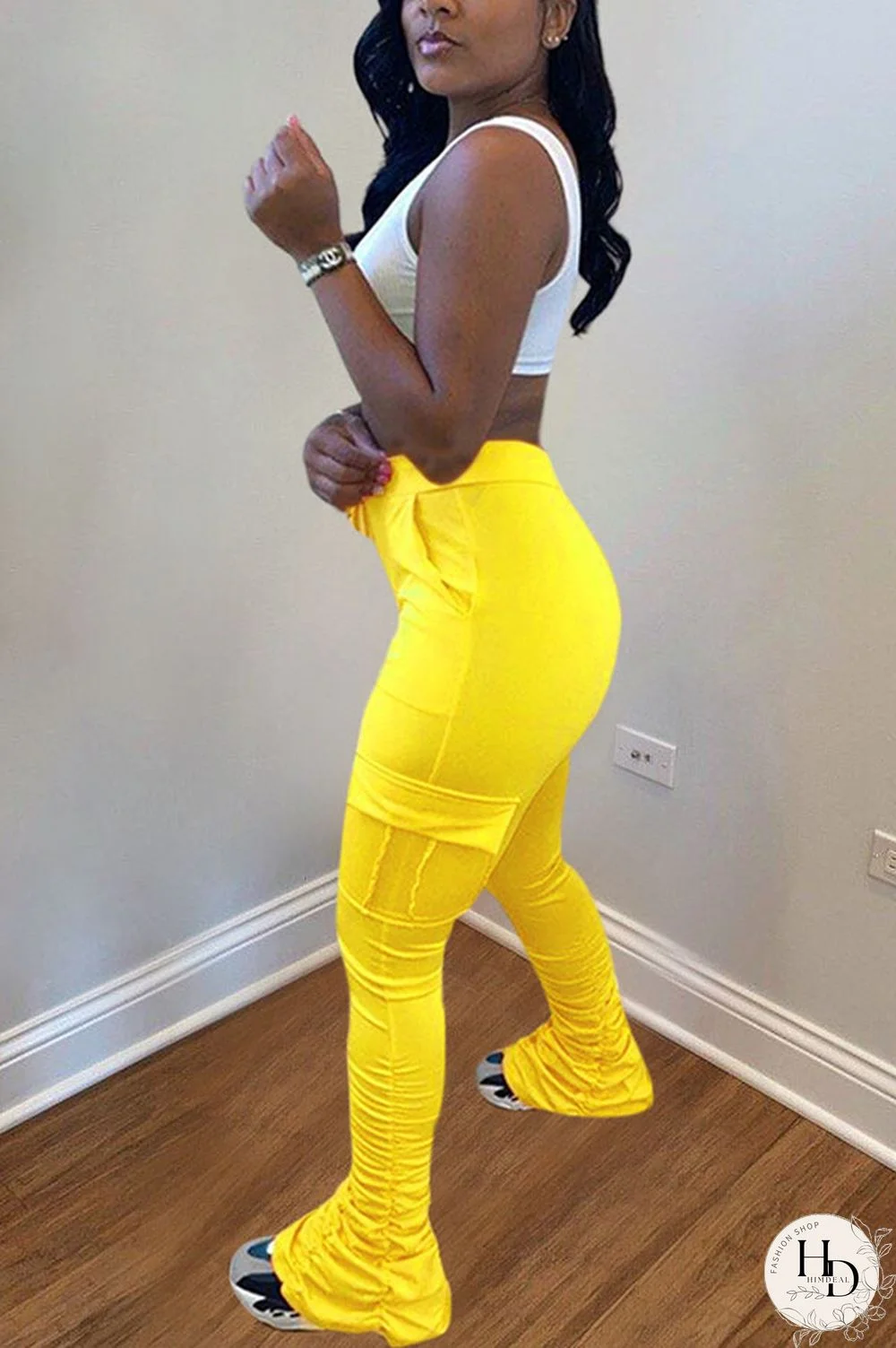 Yellow Drawstring High Solid Pocket Draped Boot Cut Pants Bottoms