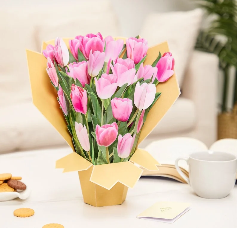 Tulips Flower Bouquet,Spring Easter Floral Card,Handmade Pop Up Bouquet,Holiday Gifts For Home Decor,perfect for Mother Day,Wedding Bouquet