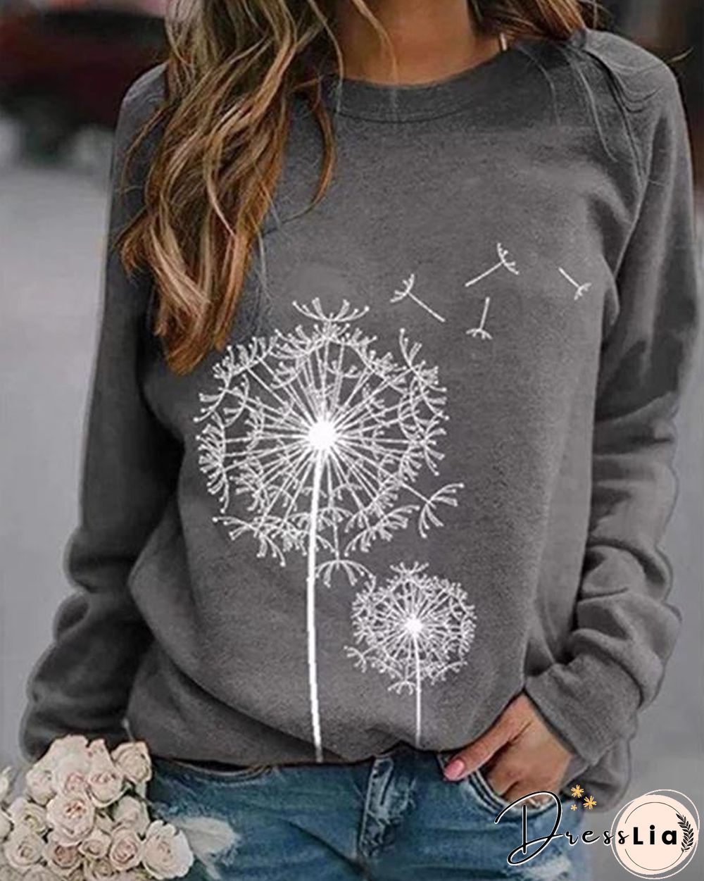 Dandelion Printed Round Neck Casual Loose Sweater