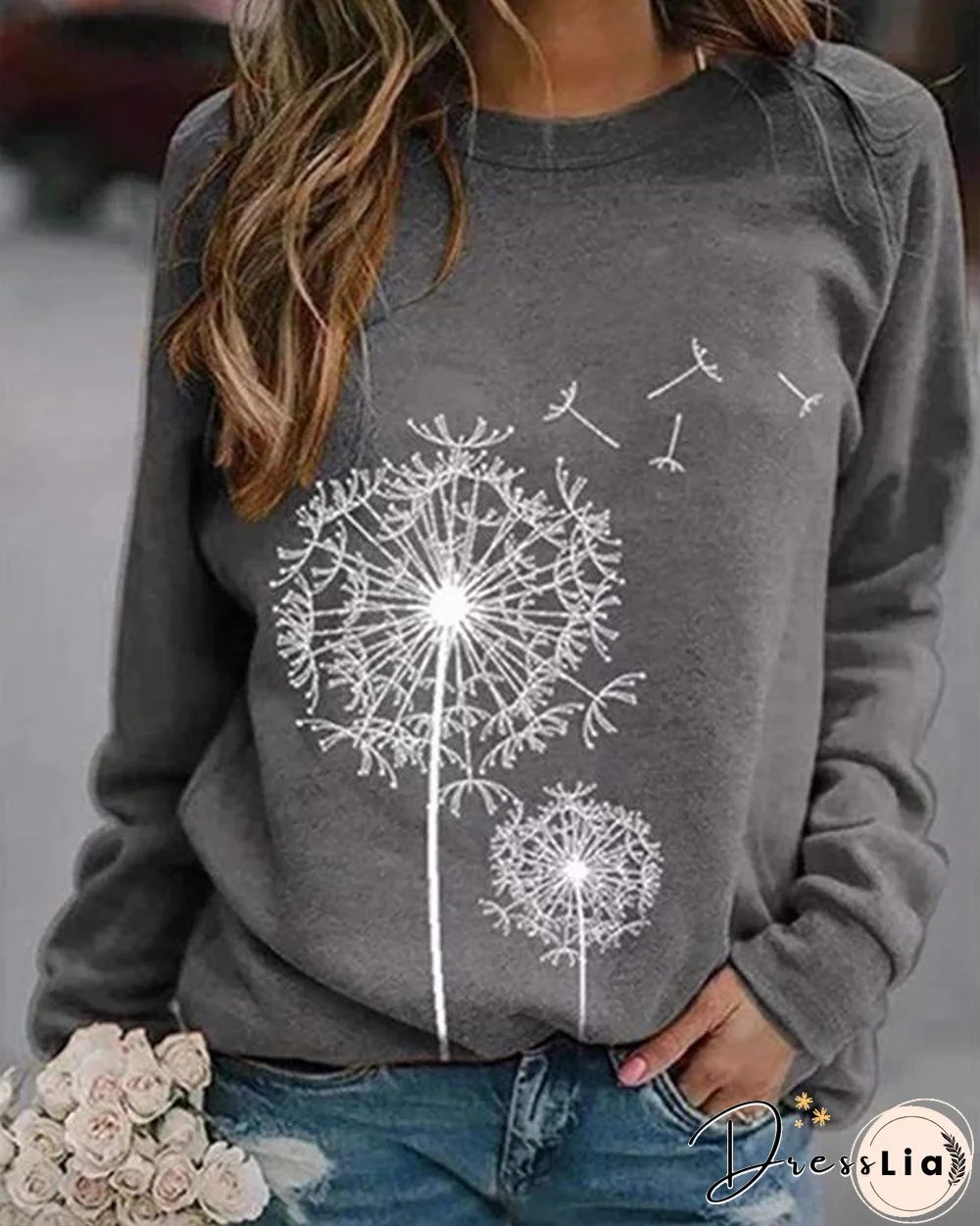 Dandelion Printed Round Neck Casual Loose Sweater