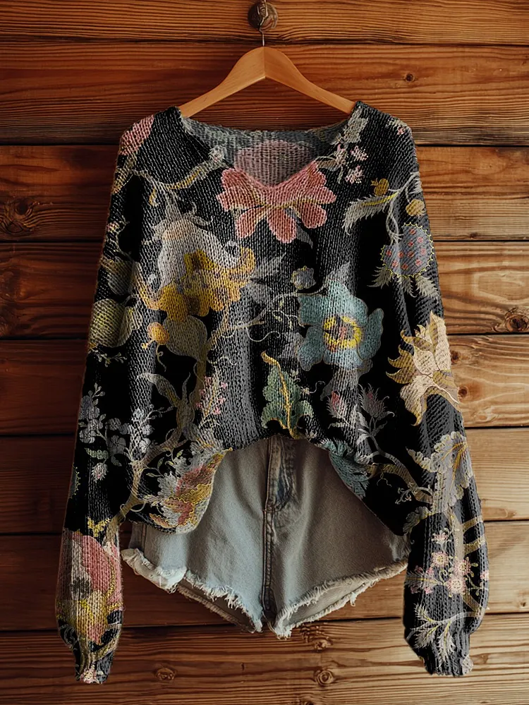 Women's Retro Ethnic Flowers Art Casual Pullover Sweater