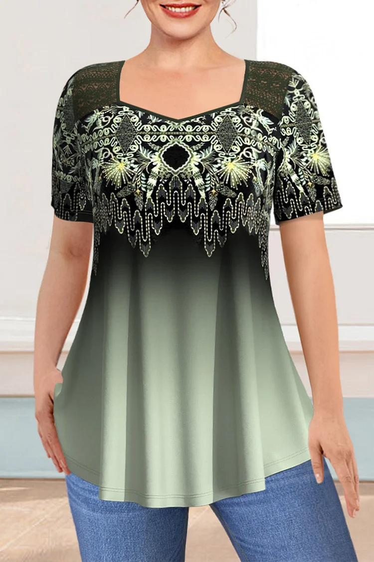 Flycurvy Plus Size Casual Green Tribal Print Ombre Lace Stitching Blouse  Flycurvy [product_label]