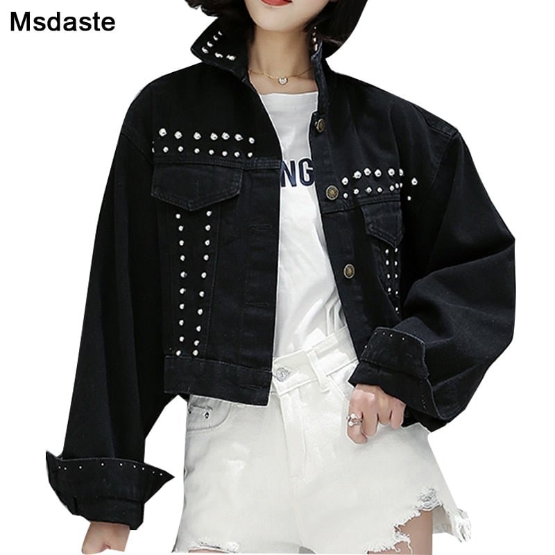 Denim Jacket Jeans Coats Women 2019 Autumn Vintage Rivets Black Jaqueta Feminina Casacas Casual Woman Short Bomber Jeans Jacket