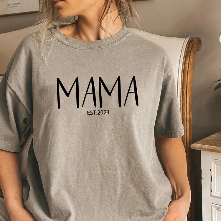 Personalised Chest Text Customization Mama Est Year T-shirt, with Children's Names on the Sleeve, Mother's Day Gift