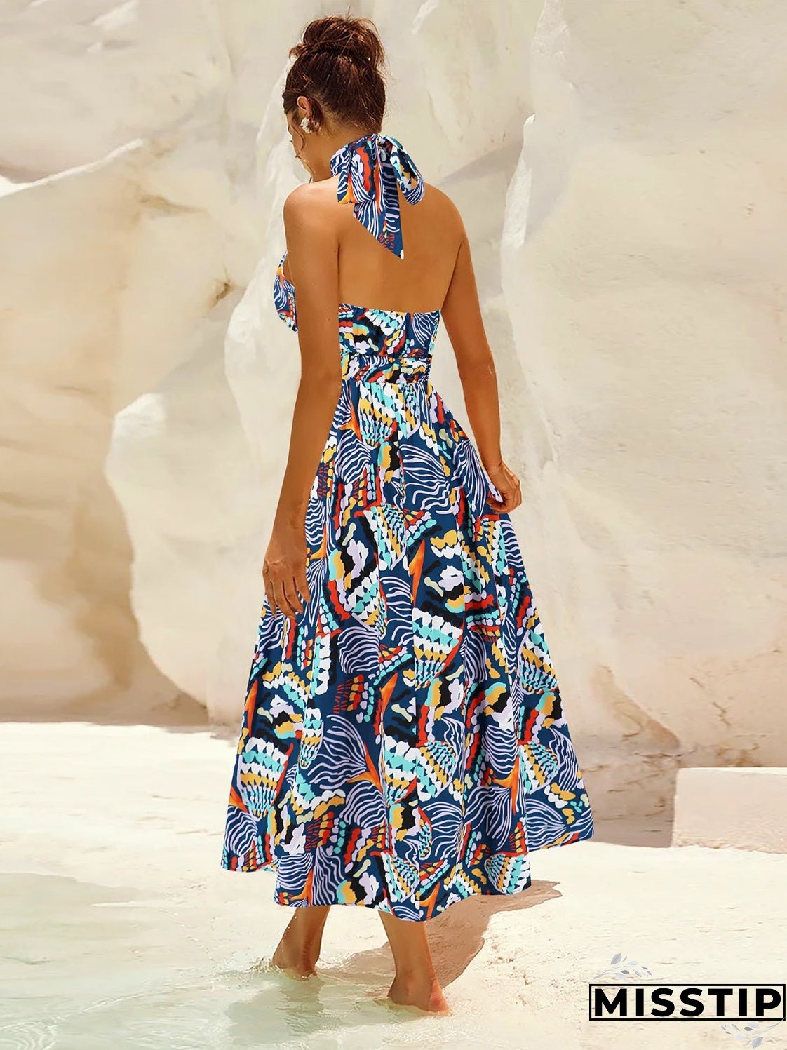 Ruched Printed Halter Neck Sleeveless Dress