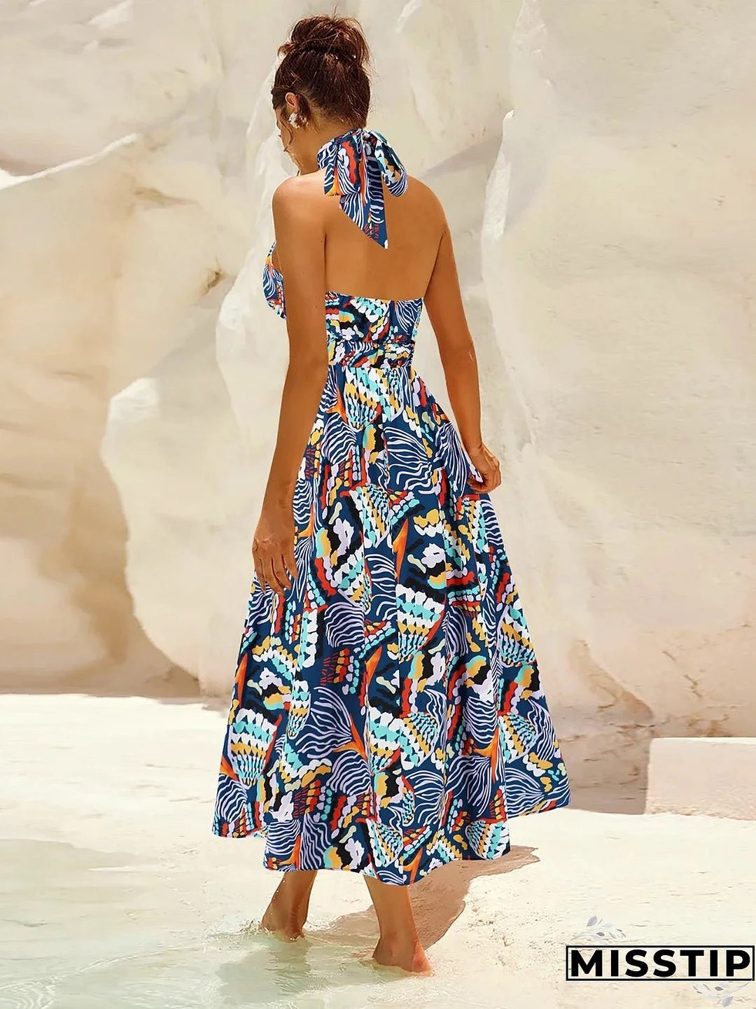 Ruched Printed Halter Neck Sleeveless Dress