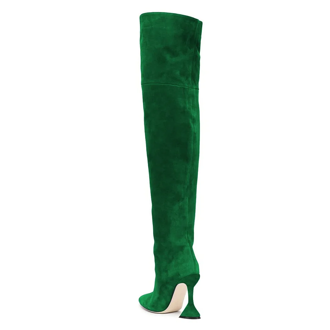 Green Pointed Toe Pull-On Over The Knee Boots with Flared Heels