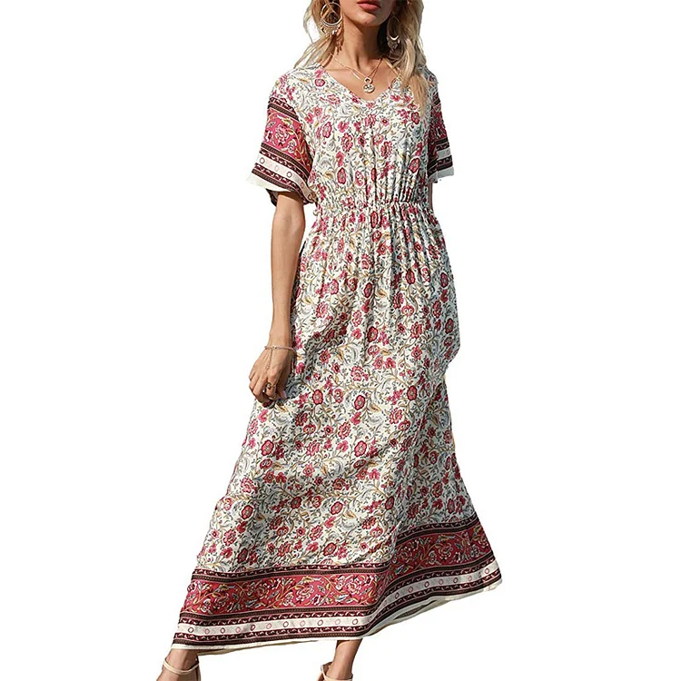 Women's Summer Bohemian Square Neck Floral Print Ruffle Vintage Flowy Beach Vacation Long Midi Boho Dress