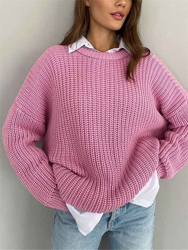 Solid Color Casual Loose Long Sleeve Round Neck Knitting Sweater