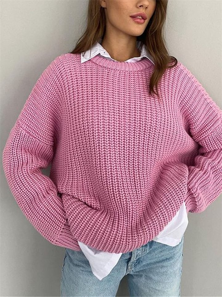 Solid Color Casual Loose Long Sleeve Round Neck Knitting Sweater -vasmok