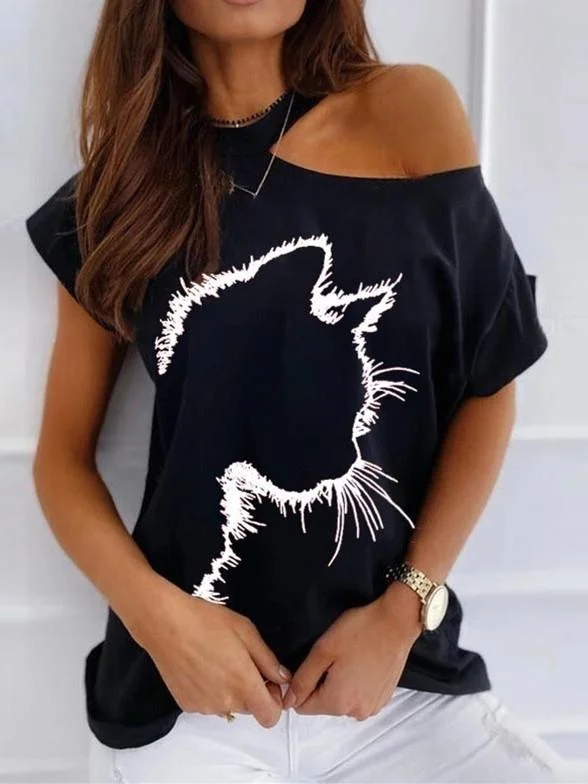 Women Short Sleeve Cold Shoulder Printed Graphic Loose Top