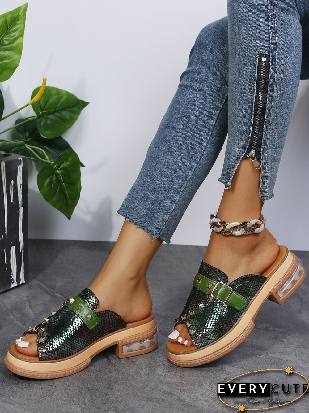 Urban Studded Snake Print Chunky Heel Slippers