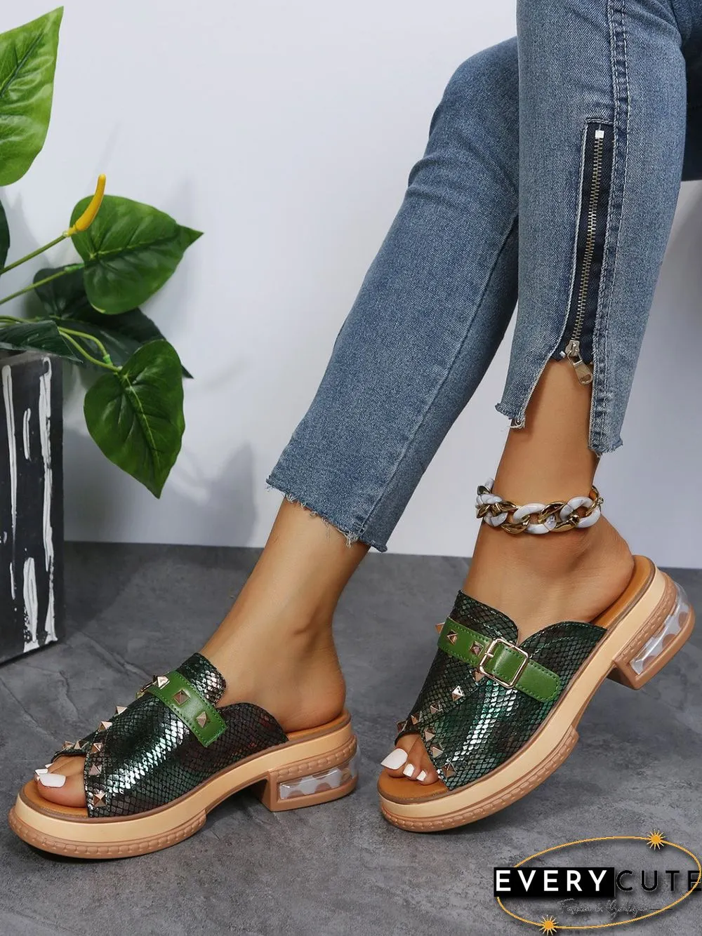 Urban Studded Snake Print Chunky Heel Slippers