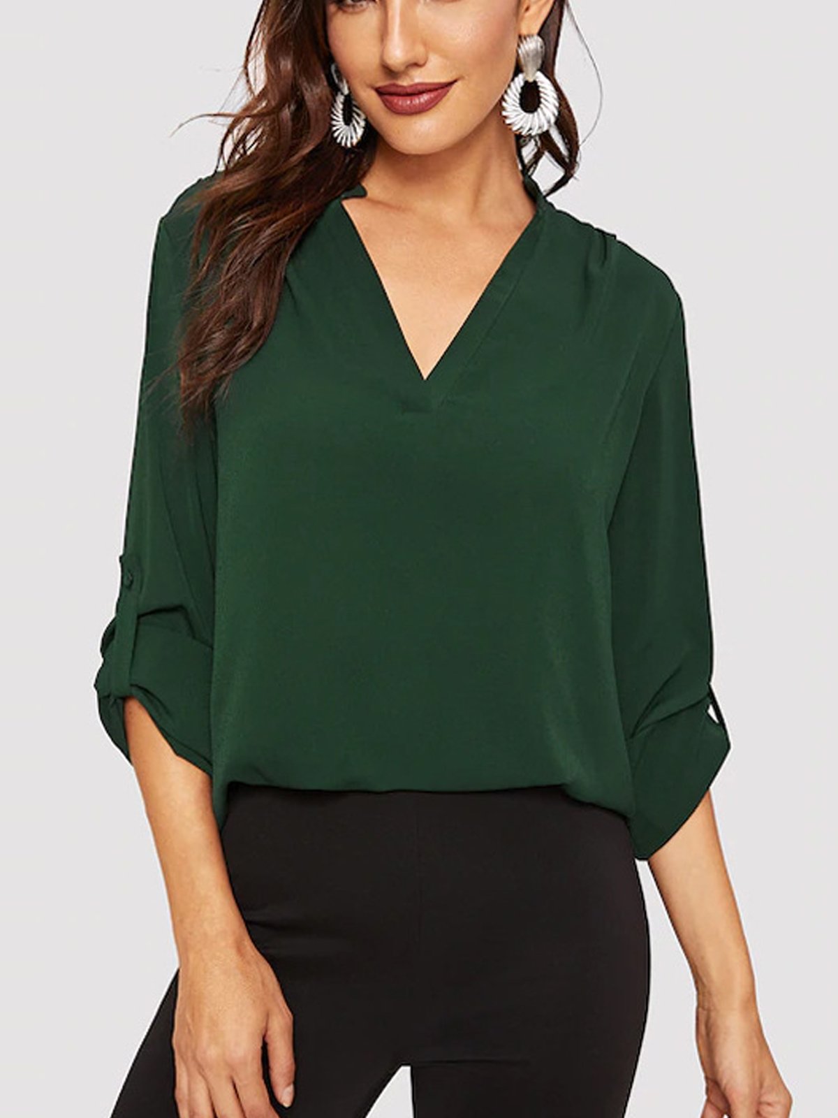 Green Chiffon 3/4 Sleeve Shirts & Tops