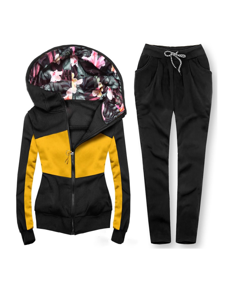Women's Contrast Color Stitching Print Hoodie Set