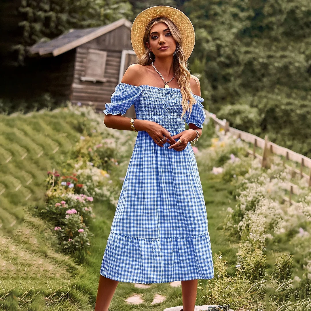 Huiketi Plaid Dress 2023 New Spring Summer Casual Holiday One Shoulder Short Sleeve High Waist Women's Dresses