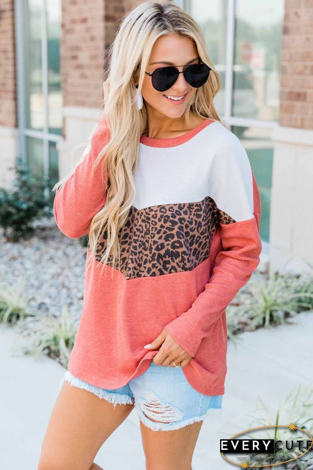 Red Leopard Print Stitching Color Block Long Sleeve Top