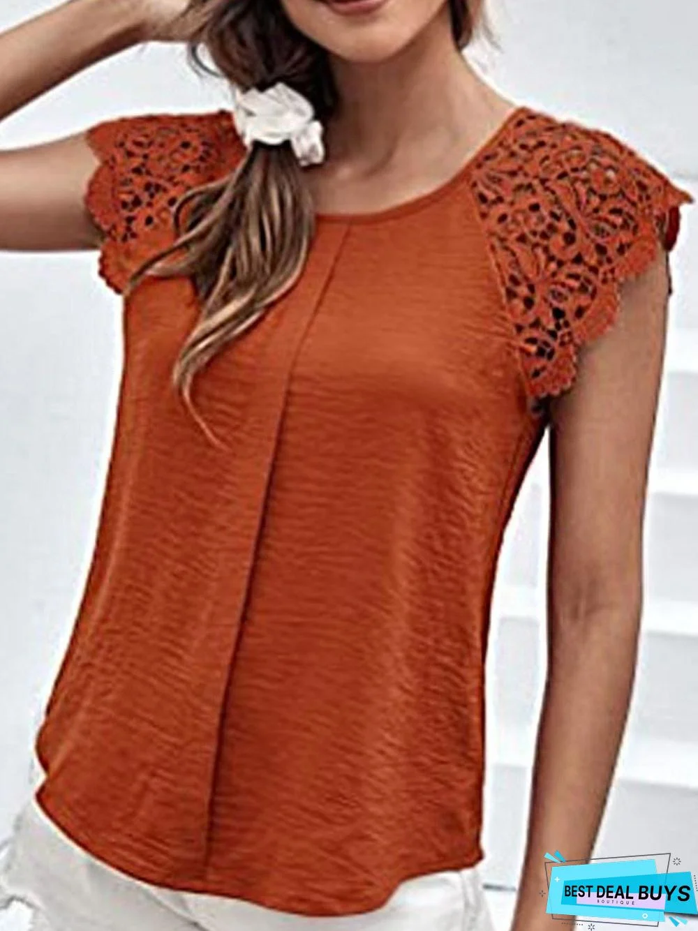Casual Round Neck Solid Color Stitching Lace Short Sleeves Blouse
