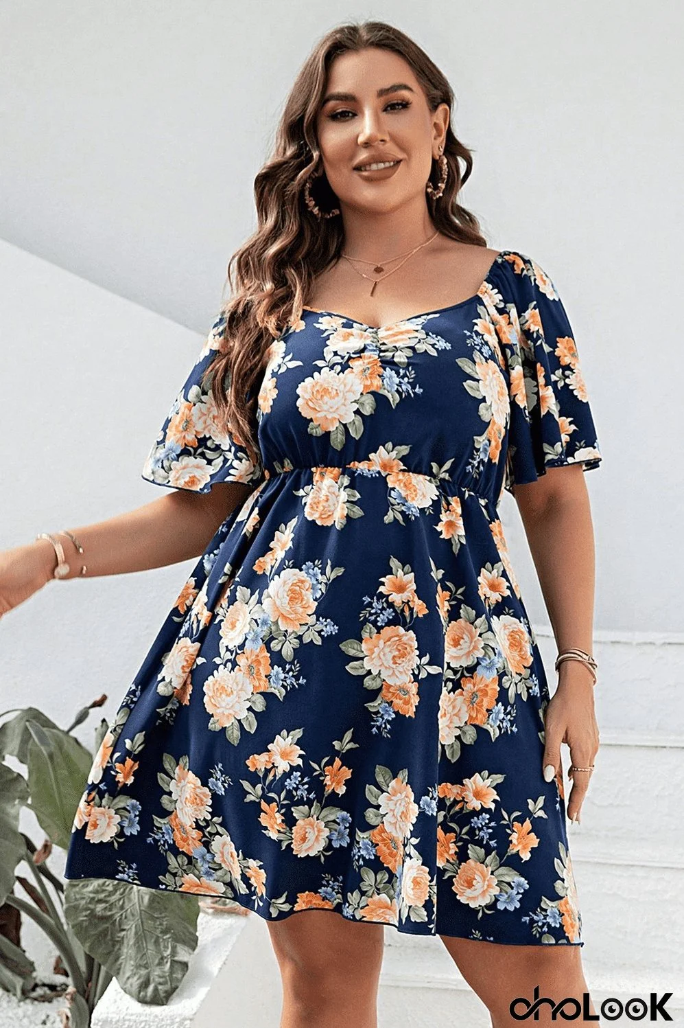 Plus Size Floral Print V-Neck Flutter Sleeve Mini Dress