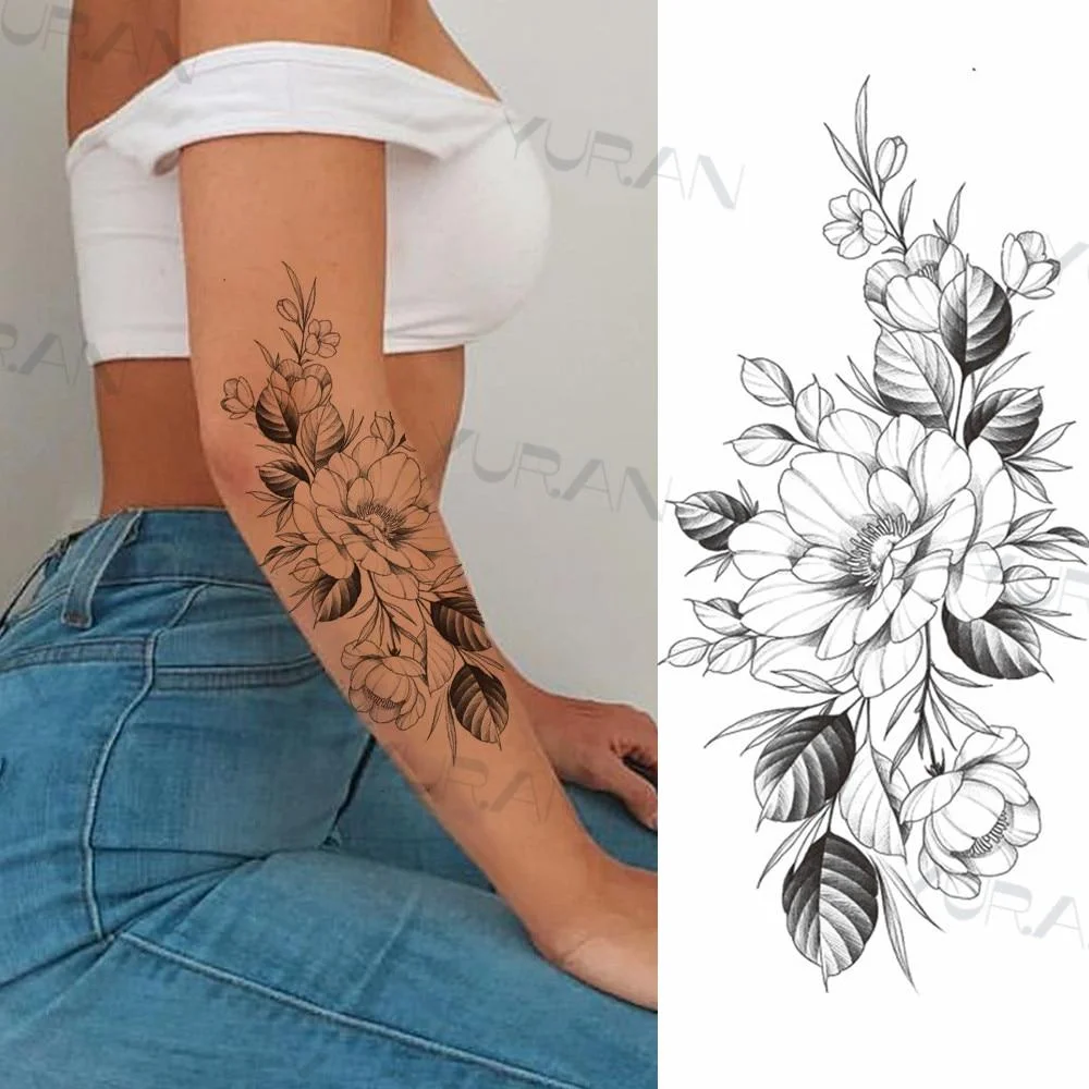 Black Large Snake Flower Fake Tattoo Sticker For Women Dot Rose Peony Temporary Tattoos DIY Water Transfer Tatoos Girls 1029