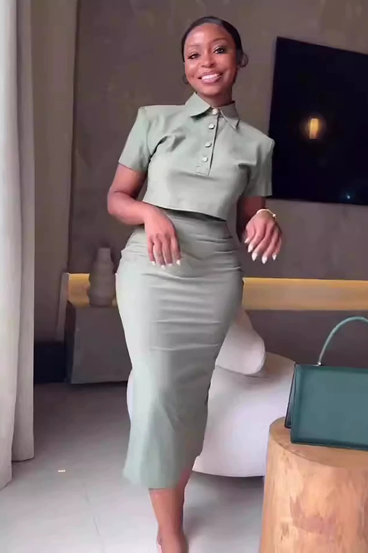 Turndown Collar Short Sleeve Crop Blouse Solid Color Midi Skirt 2pcs Set-Green