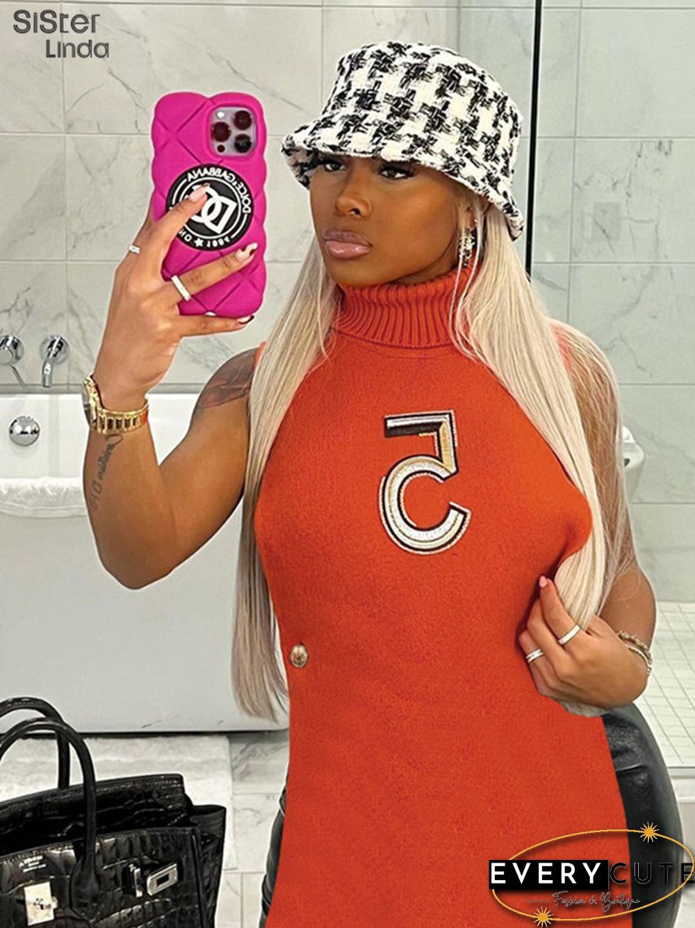 Casual Letter Embroidery Y2K Tank Top Women Sleeveless Knit Turtleneck Side Hollow Wild Slim Stretch Trend Vest