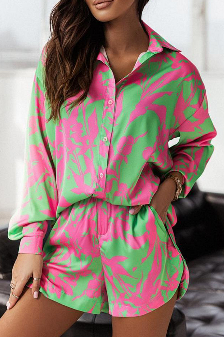 Casual Print Turndown Collar Long Sleeve Two Pieces(7 Colors) - Life is Beautiful for You - SheChoic