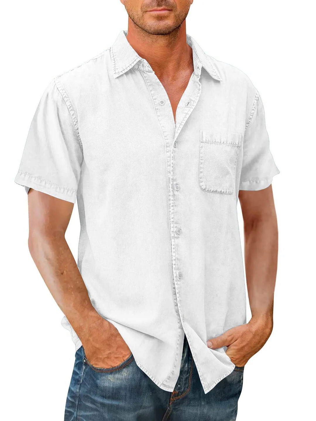 Men's Solid Color Short Sleeve Cotton Shirt