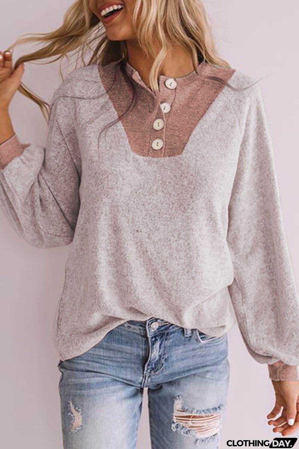Button Contrast Puff Sleeve Blouse