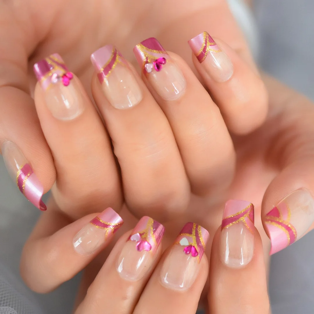 Square Clear Press On Nails French Tips Kit Medium Natural False Nails Design Crystal Rosy Collar Gel Nail-Nail Inspo
