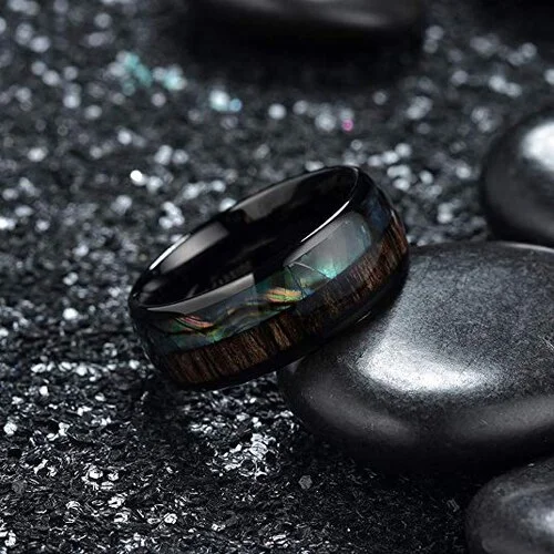 6MM 8MM Women's Or Men's Tungsten Carbide Wedding Matching Rings Black Tone Rainbow Shell with Zebra Wood Multi Color Organic Colors