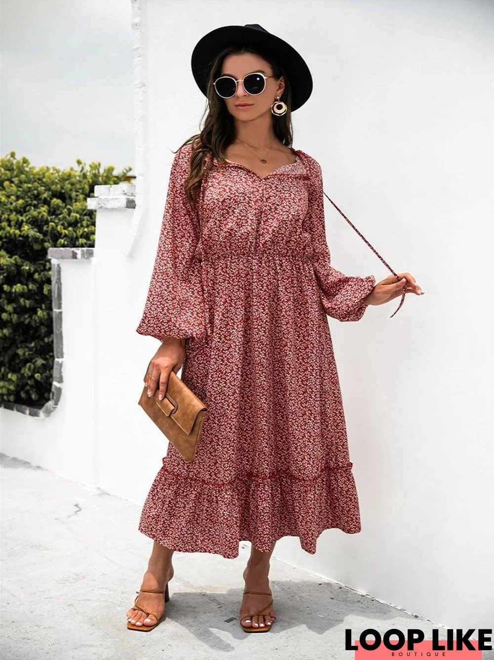 Long Sleeve V-Neck Floral Dress