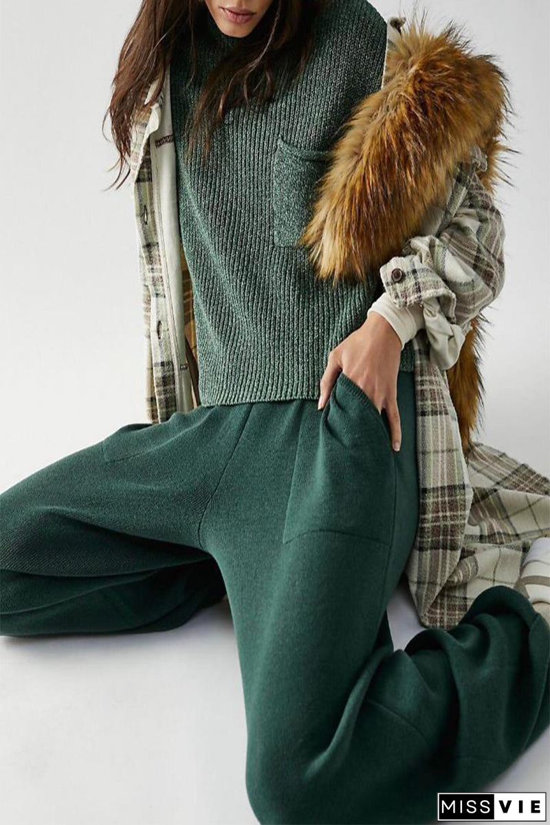 Casual Simplicity Solid Pocket O Neck Two Pieces(5 Colors)