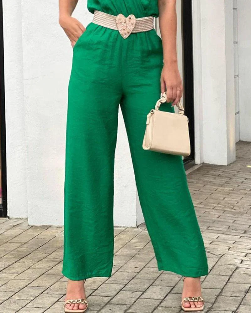 Solid V-Neck Sleeveless Lace-Up Jumpsuit